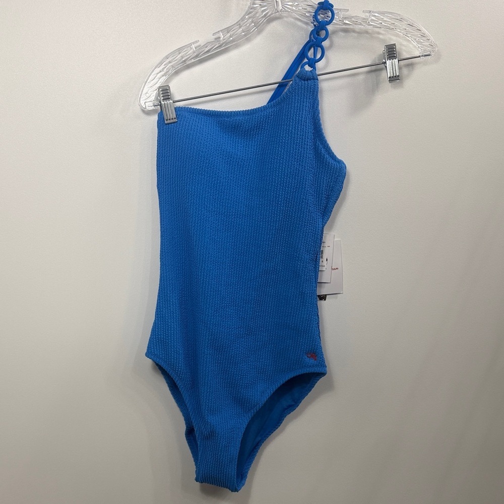 Robert Graham Blue Ribbed One Shoulder  Cassic one piece swimsuit size 6. NWT.